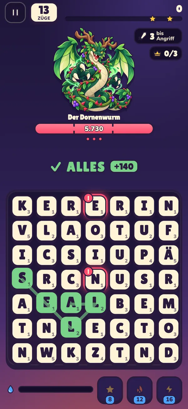 Bosskampf gegen den Dornenwurm, mit einem Wort quer über das Feld