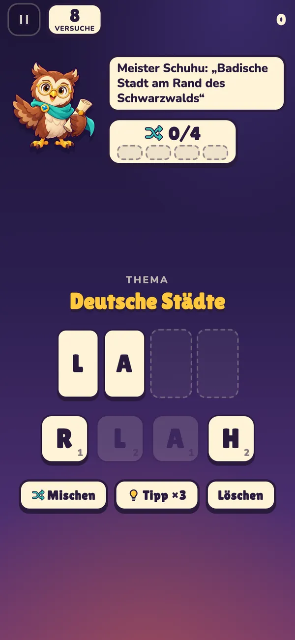 Rätsel-Level: Die Eule gibt einen Hinweis, die ersten Buchstaben stehen schon