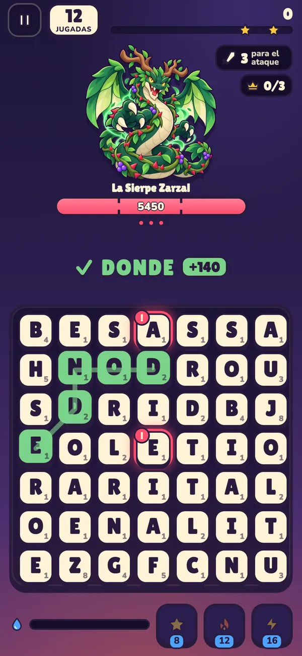 Combate contra la Sierpe Zarzal, con una palabra trazada en el tablero