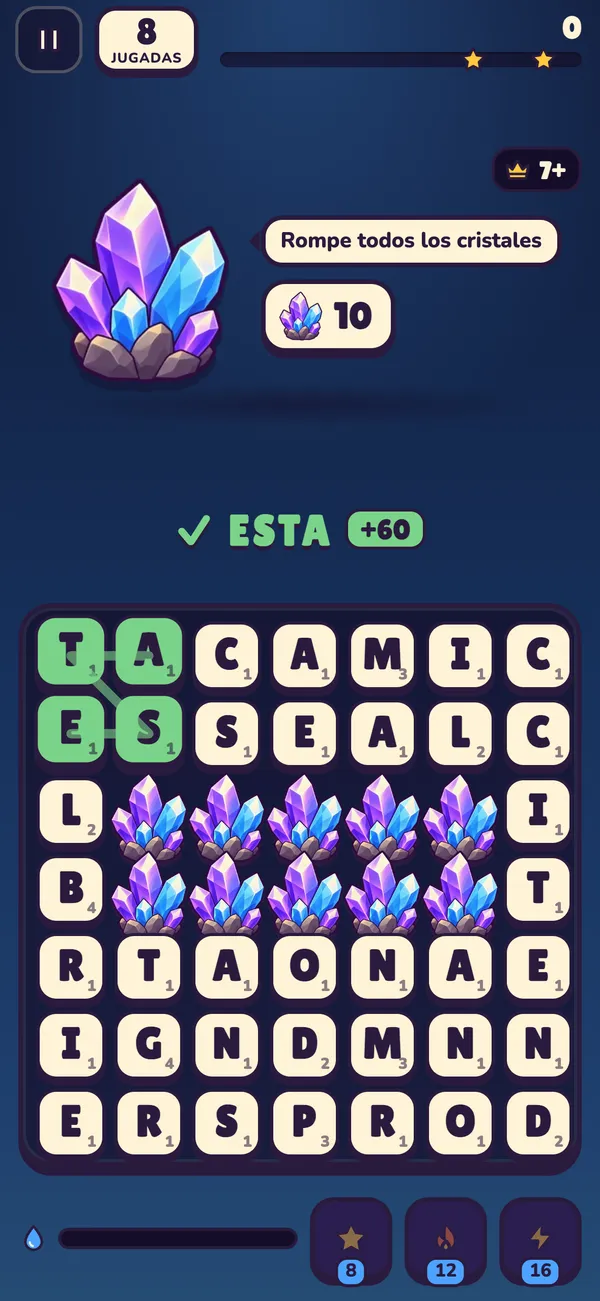 Nivel de cristales con dos filas de cristales morados que bloquean letras