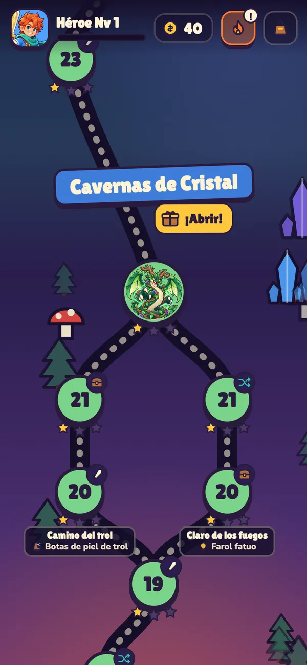 Mapa con un cruce de caminos, dos rutas con equipo de recompensa y un jefe