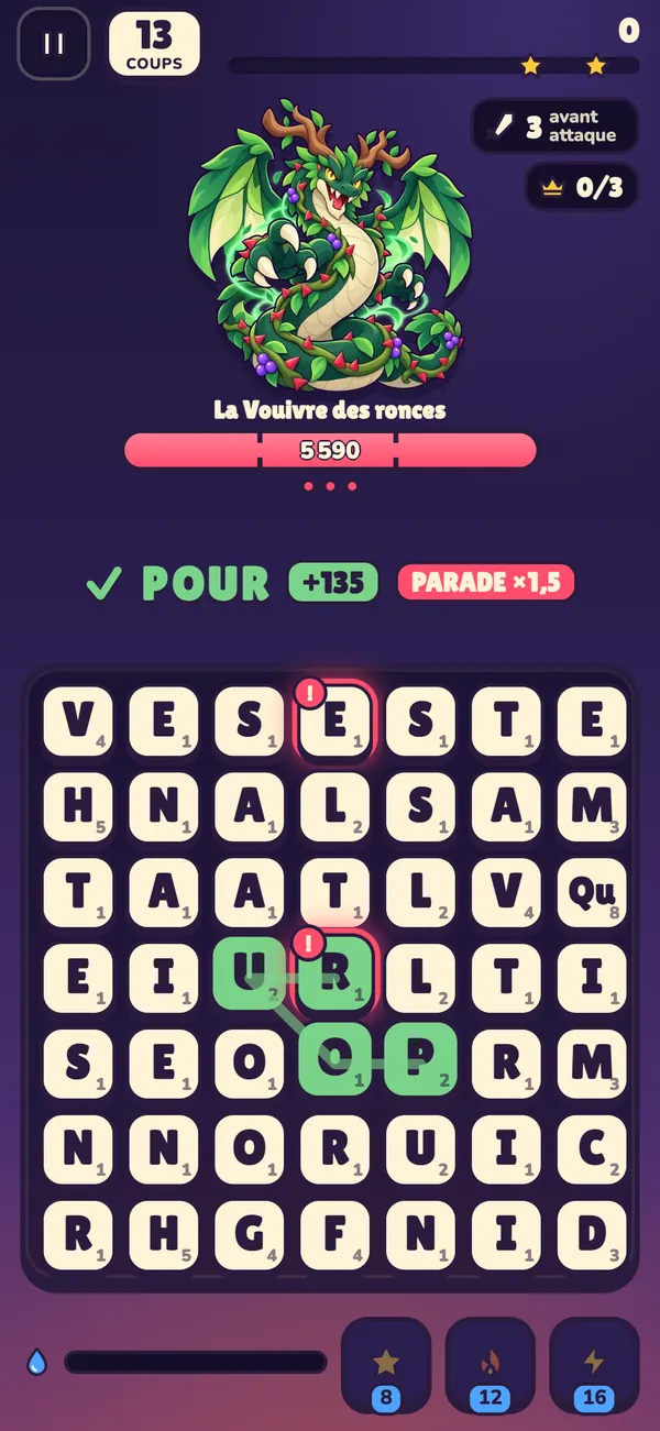 Combat contre la Vouivre des ronces, avec un mot tracé sur la grille
