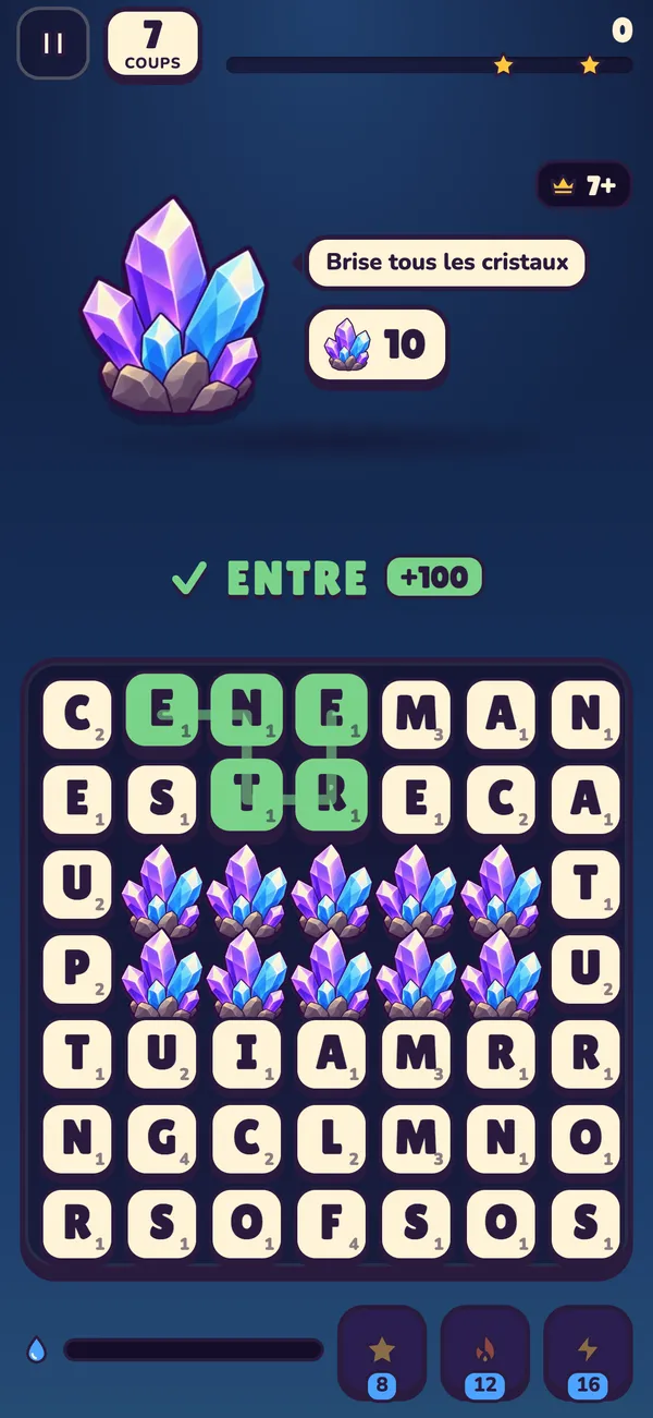 Niveau de cristaux où deux rangées de cristaux violets bloquent des lettres
