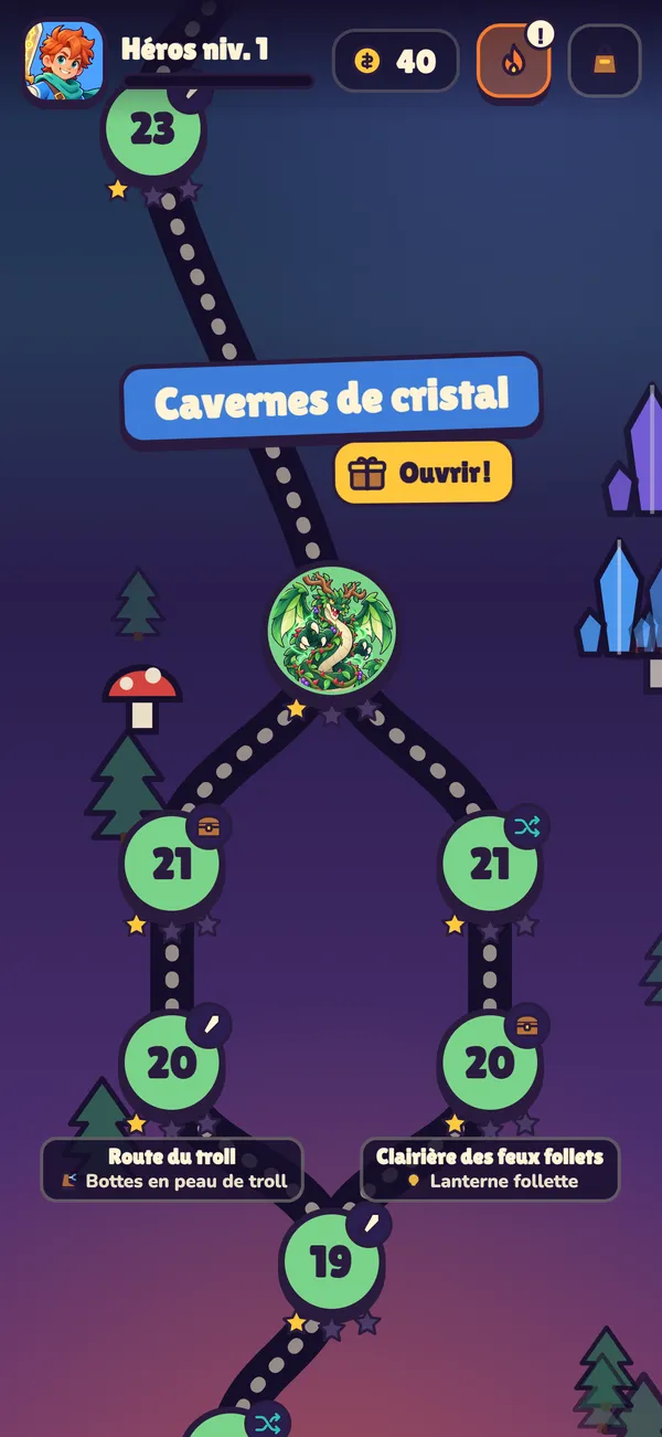 Carte avec un embranchement, deux routes qui rapportent de l’équipement et un boss
