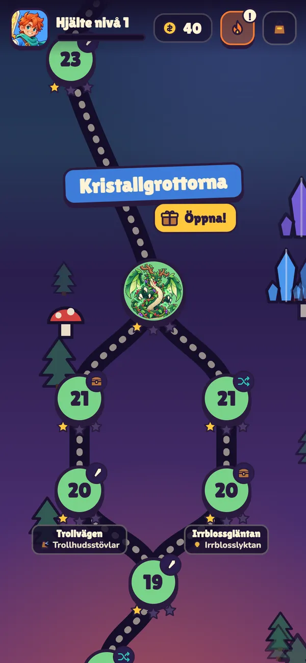 Sagokarta med ett vägskäl, två vägar med utrustning som belöning och en boss